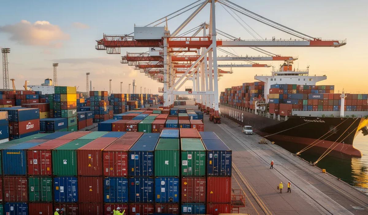 En la imagen se pueden ver contenedores de carga en un puerto marítimo, organizados y listos para la exportación. Los contenedores, de diversos colores, contienen productos como hilos y bobinas, dispuestos en un carrito para facilitar su transporte.