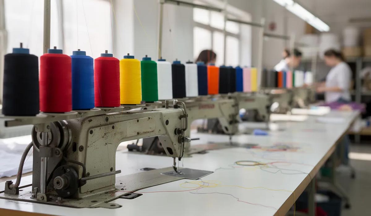 La imagen muestra varias máquinas de coser industriales en una fábrica de confección, rodeadas de conos de hilo de diversos colores y bobinas. Estos hilos se utilizan para crear productos textiles de alta calidad.