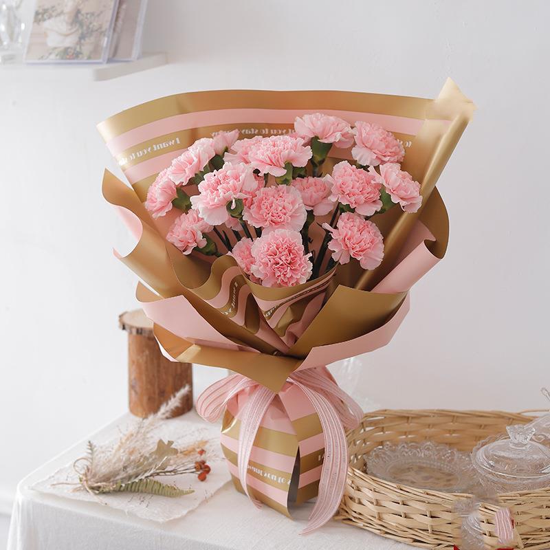 Papel de Envoltura Floral MH Ramo de flores decorado con papel celofán coreano mate mate impermeable con borde dorado y listón de satín MH