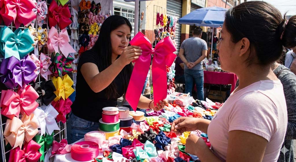 Puesto de mercado vendiendo moños coquette hechos con cinta ancha de 4cm