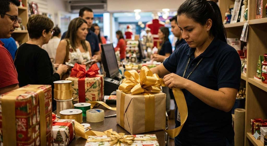 Servicio de envoltura de regalos con lazos de cinta satinada dorada