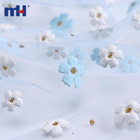 Tela de Malla Bordada con Flores de Espuma 3D y Purpurina